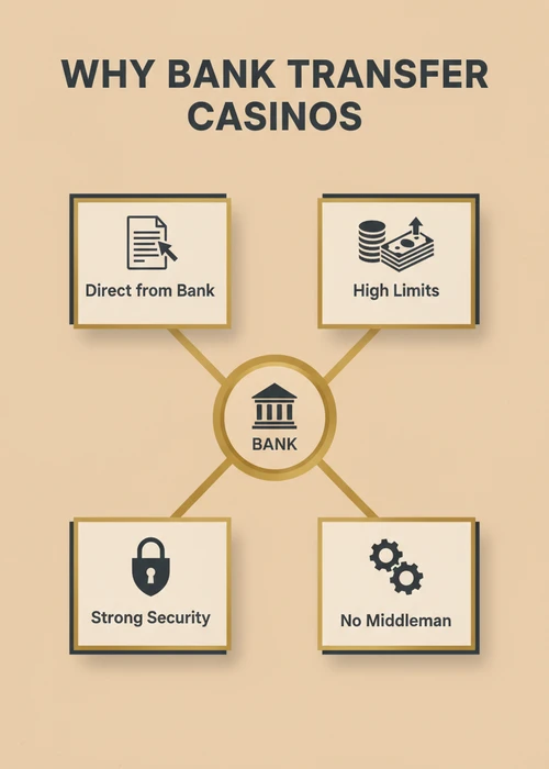 Why bank transfer casinos suit Australian players — direct from bank, high limits, strong security and no middleman.