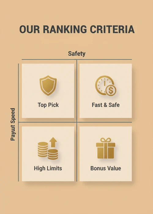 Our ranking criteria for the top 10 bank transfer casinos — safety and payout speed across top pick, high limits and bonus value.