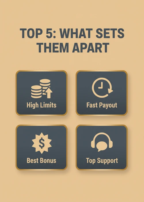 What sets the top 5 bank transfer casinos apart — high limits, fast payout, best bonus and top support.