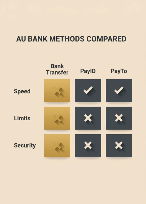 AU bank methods compared at the best bank transfer casino — bank transfer, PayID, BPAY and PayTo on speed, limits and security.