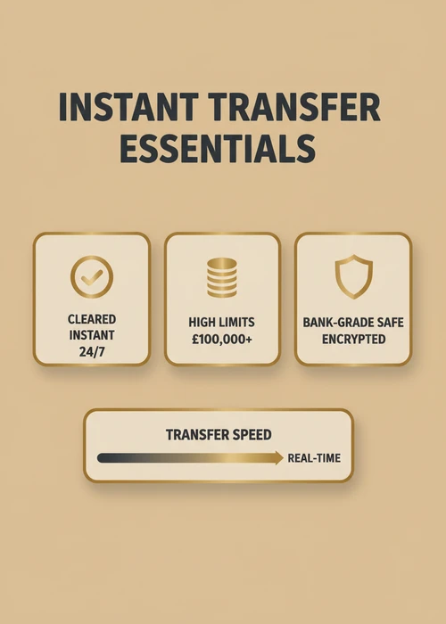 Instant transfer essentials at a bank transfer casino — cleared instant, high limits and bank-grade safety with a speed meter.