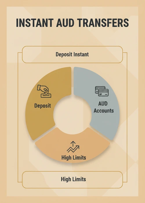 Instant AUD transfers at a bank transfer casino — deposit instant, AUD accounts and high limits in a segmented ring.