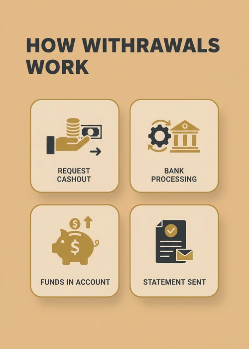 How withdrawals work at a bank transfer casino — request cashout, bank processing, funds in account and statement sent.