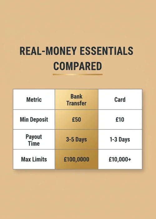 Real-money essentials compared at a bank transfer casino — min deposit, payout time and max limits, bank transfer versus card.