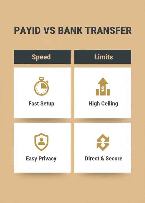 PayID versus bank transfer at AU casinos — fast setup, high ceiling, easy privacy and direct security mapped on speed and limits.
